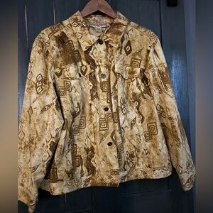 C.L.O.T.H.E.S 
Vintage-Inspired Women’s Denim Jacket Gold and Brown Aztec Sz 2X
